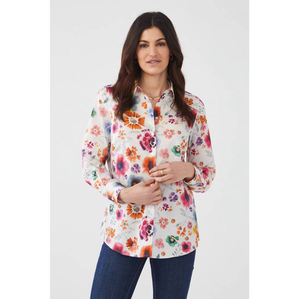 NEW FDJ patrice printed classic floral long sleeve shirt in white multi